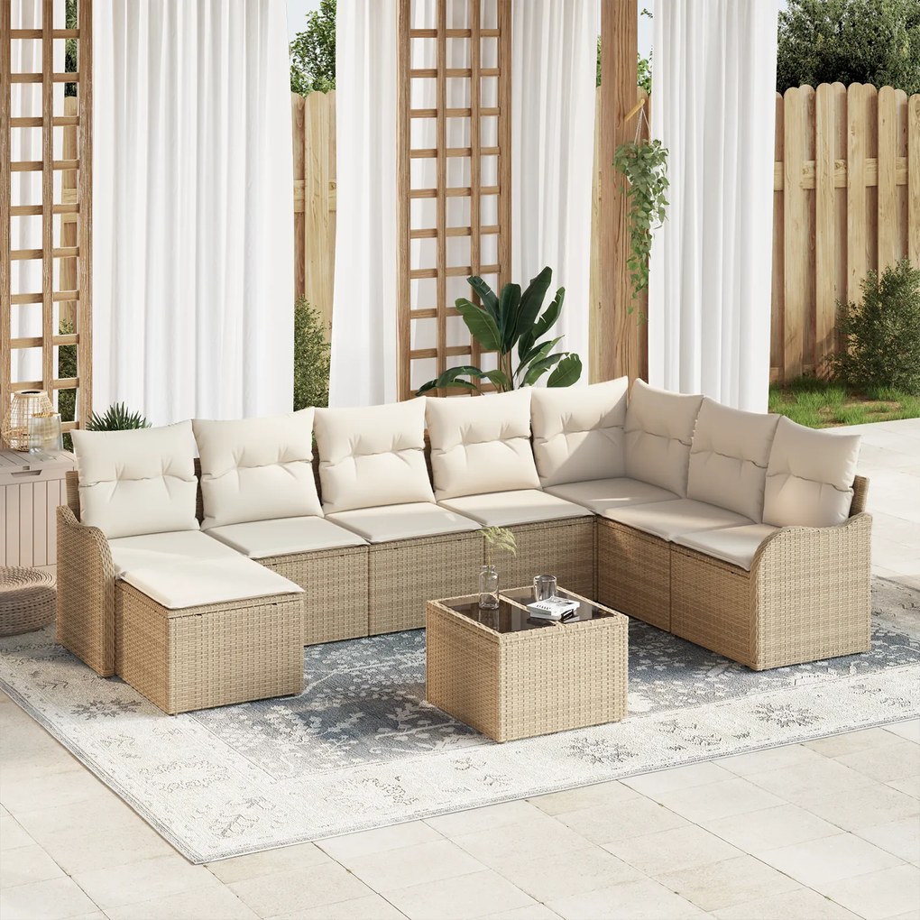 Conjunto de Sofá de Jardim vidaXL 9 Peças com Almofadas em Rattan Poli