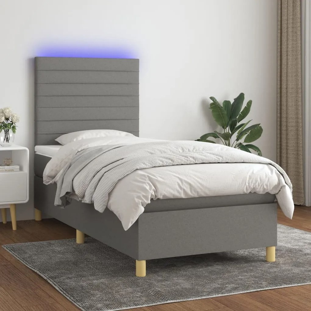 Cama box spring c/ colchão e LED 90x200 cm tecido cinza-escuro