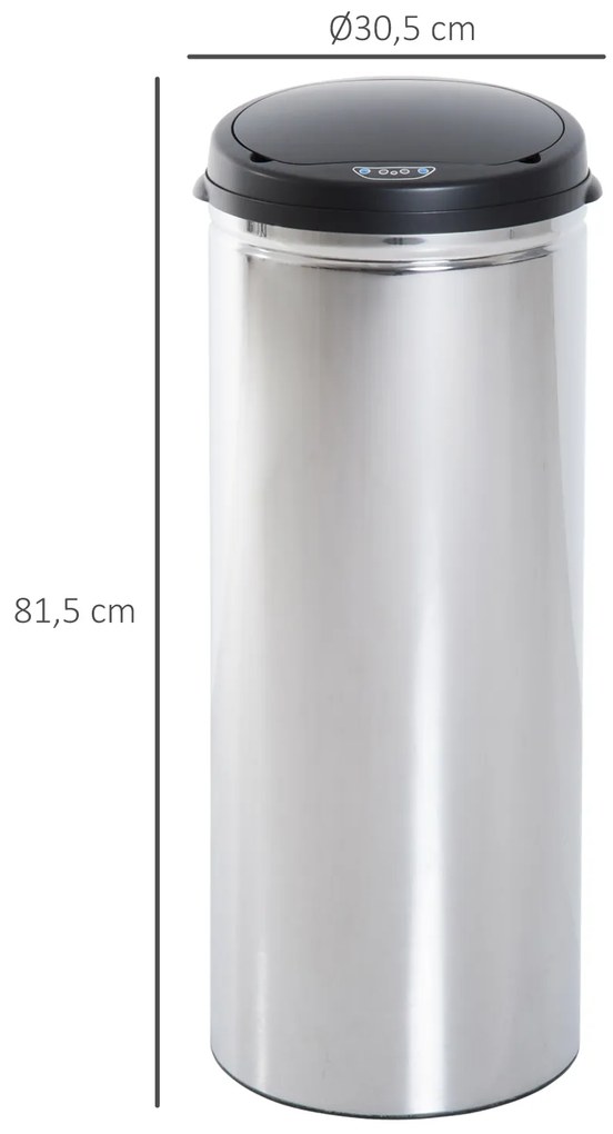 HOMCOM Balde de Lixo Inteligente de Aço Inoxidável 50L com Sensor Infravermelho de Abertura Automática para Cozinha Dormitório Casa de Banho Ø30,5x81,5cm Prata e Preto