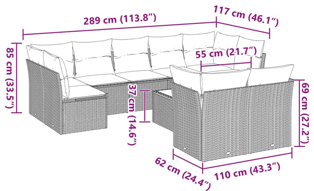 10 pcs conj. sofás jardim com almofadões vime PE cinzento-claro