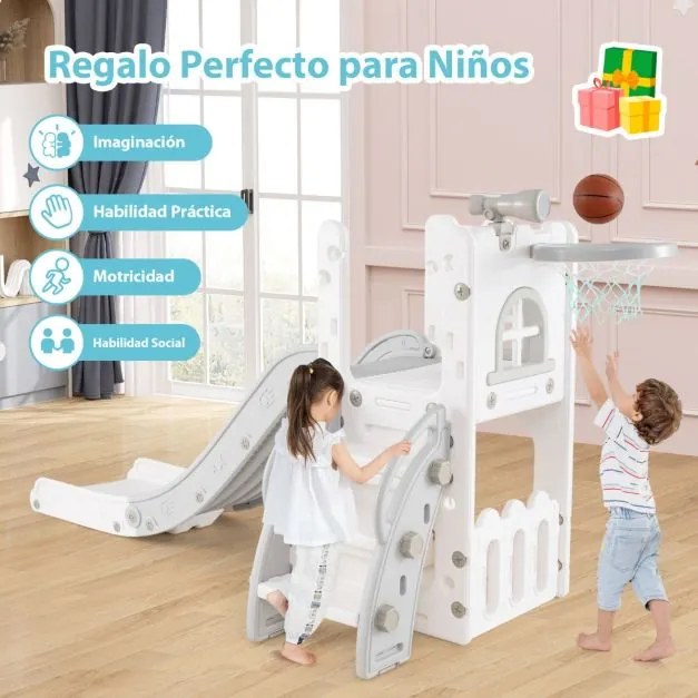 Escorrega infantil 6 em 1 para crianças com cesto de basquetebol e telescópio, com espaço de arrumação cinzento e branco