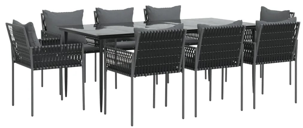 9 pcs conjunto de jantar p/ jardim com almofadões vime PE e aço