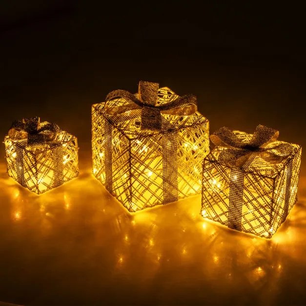 Caixas de Presentes LED Natal Conjunto de 3 Peças com Laços para Interior e Exterior Resistentes às Intempéries