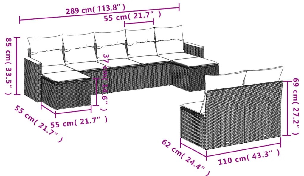 9 pcs conjunto de sofás p/ jardim com almofadões vime PE bege