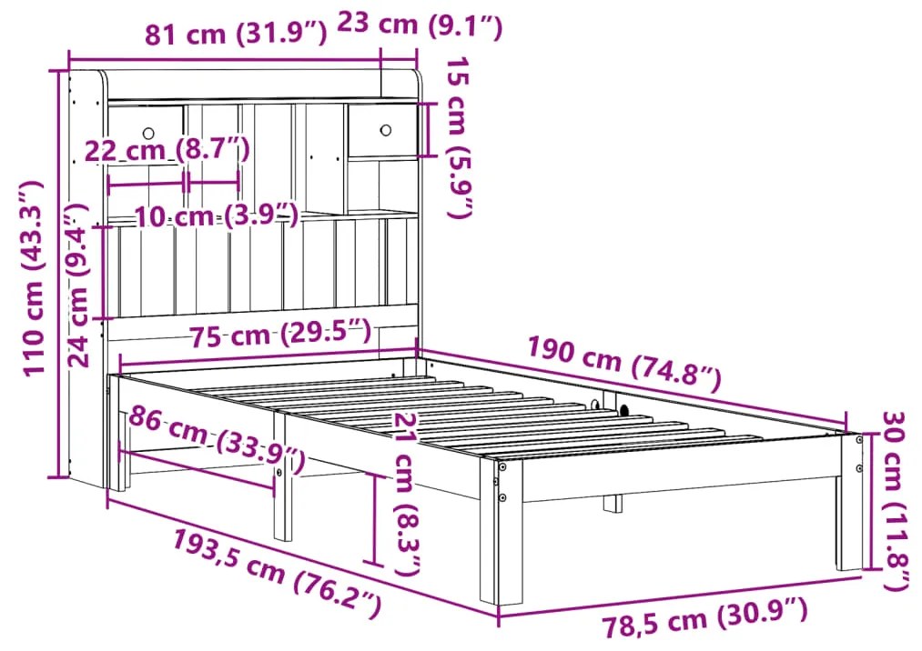 Cama com estante sem colchão 75x190 cm pinho maciço branco