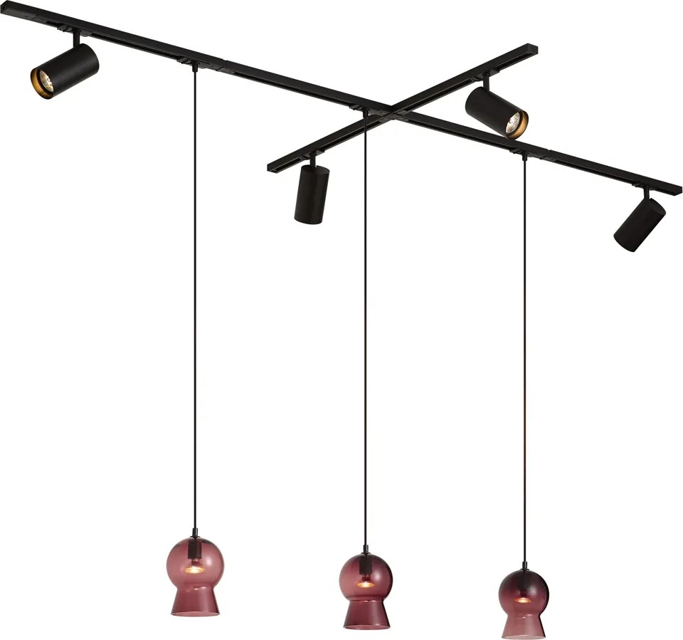 Sistema de Calhas Moderno Preto com 4 Focos e 3 Candeeiros Pendentes Roxos Monofásico - Iconic Bell Jeana Luxe