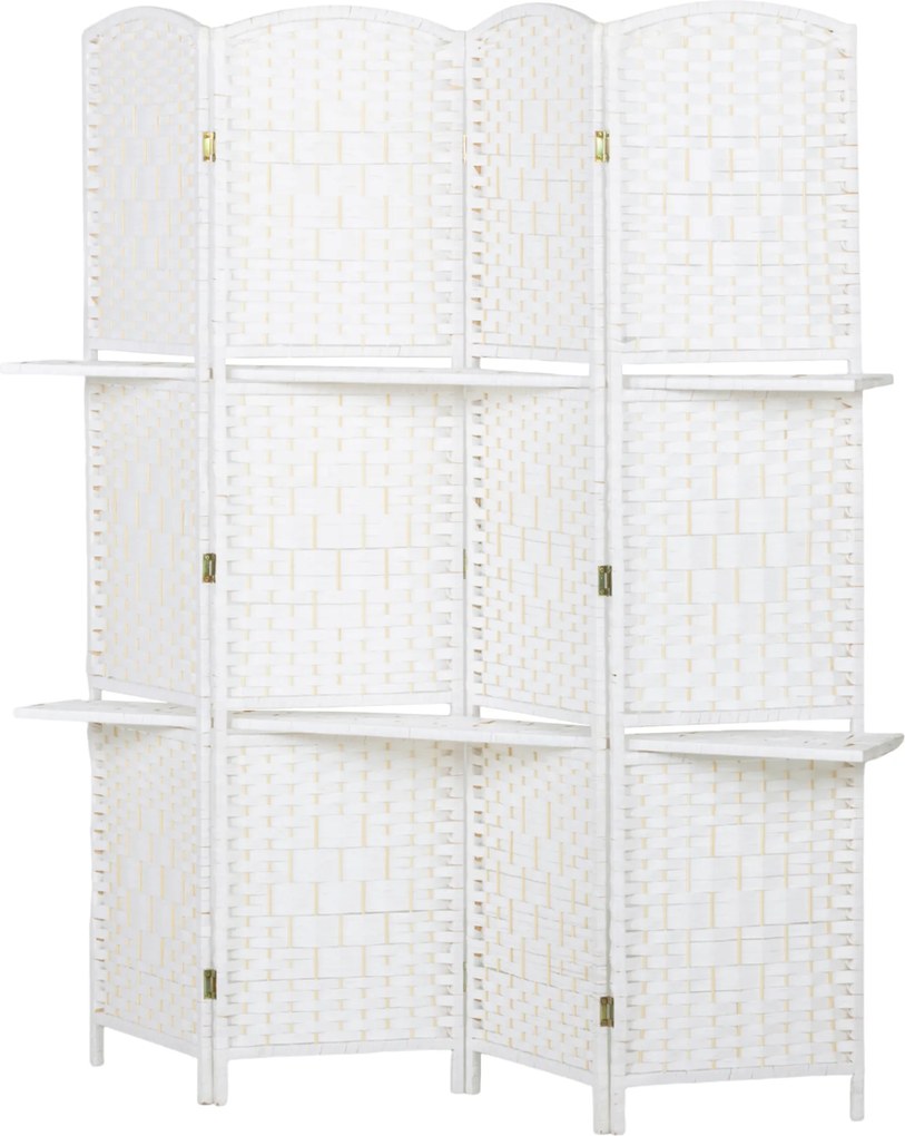 Biombo divisório de 4 painéis, 160 x 170 cm, com 2 prateleiras, dobrável, em madeira branco