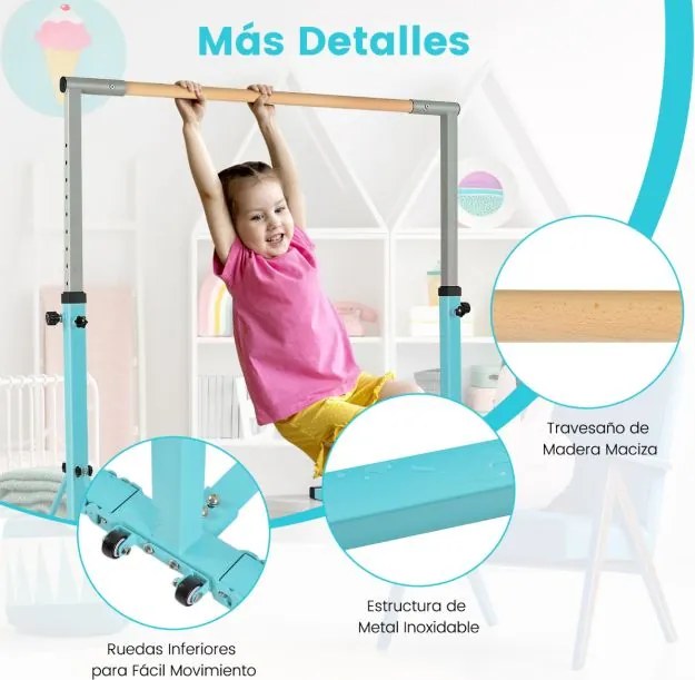 Barra de ginástica infantil dobrável com 13 alturas ajustáveis Estrutura triangular para ginásio em casa Carga 100 kg Azul Claro