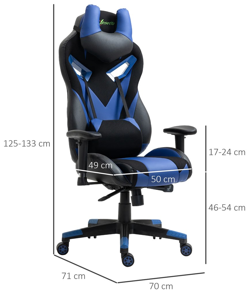 Vinsetto Cadeira de Gaming Ergonômica Cadeira Gamer Giratória com Altura Ajustável Apoio para o Braço Apoio para a Cabeça e Almofada Lombar Removíveis 72x77x127-13cm Azul