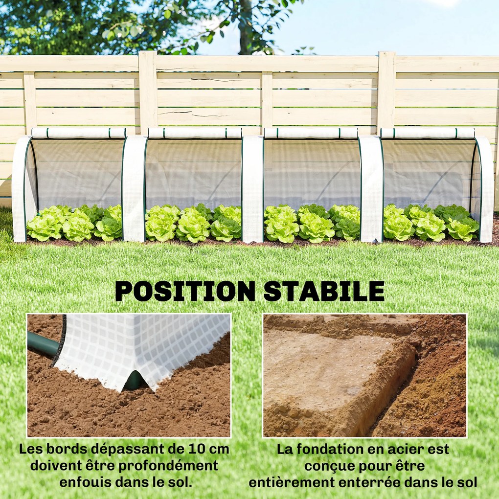 Mini estufa de jardim para tomates, 4 x 1 x 0,80 m, em aço e PE anti-UV, com 4 portas enroláveis com fecho de correr, branca