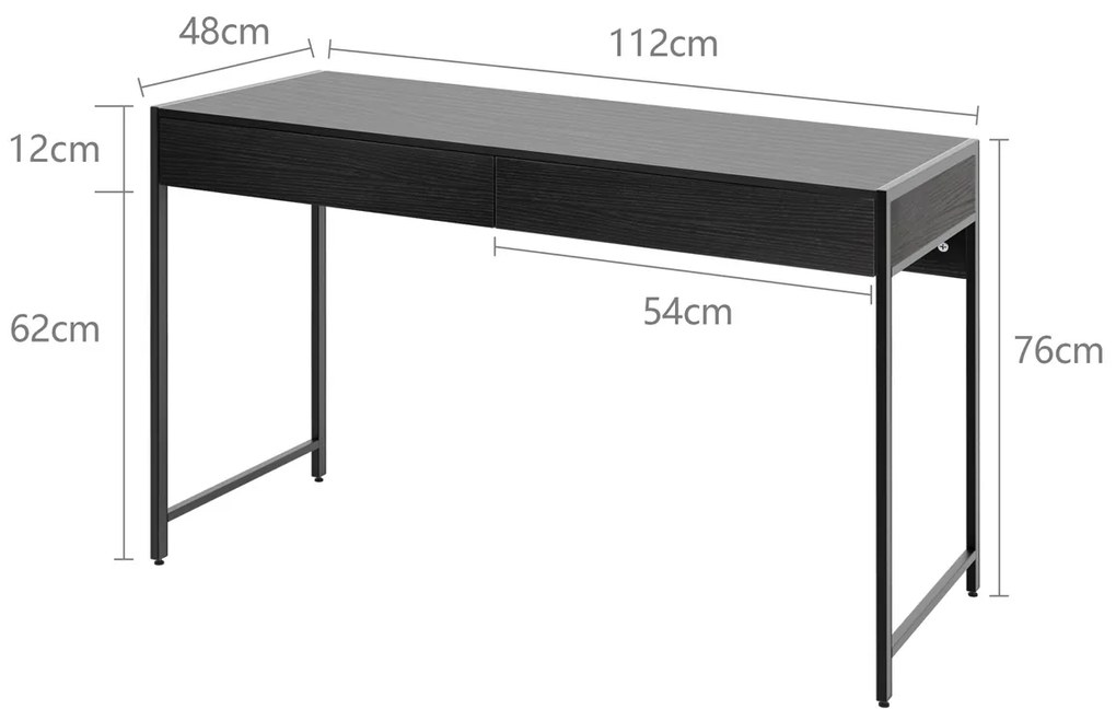 Secretária de escritório de madeira com 2 gavetas e Estrutura de aço 112 x 48 x 76 cm Preto