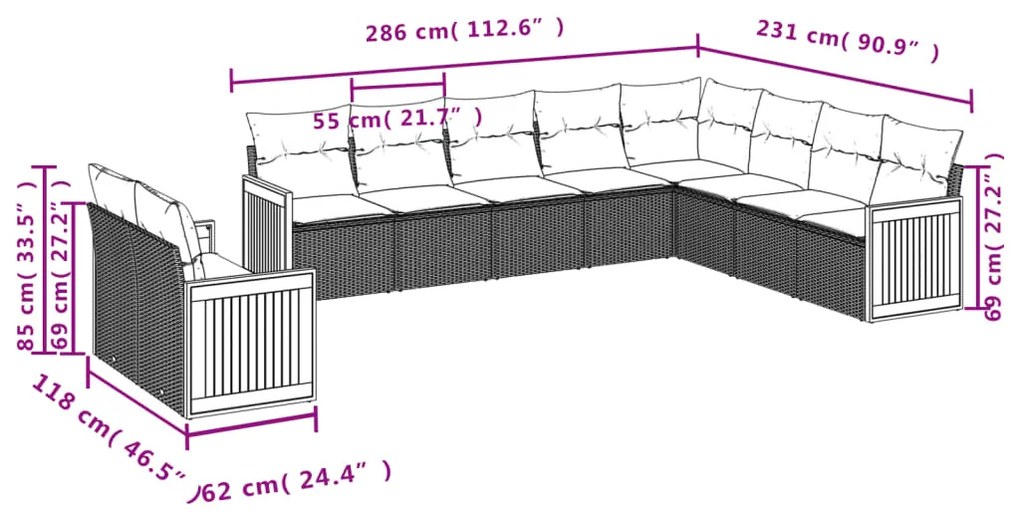 10 pcs conjunto de sofás p/ jardim com almofadões vime PE bege