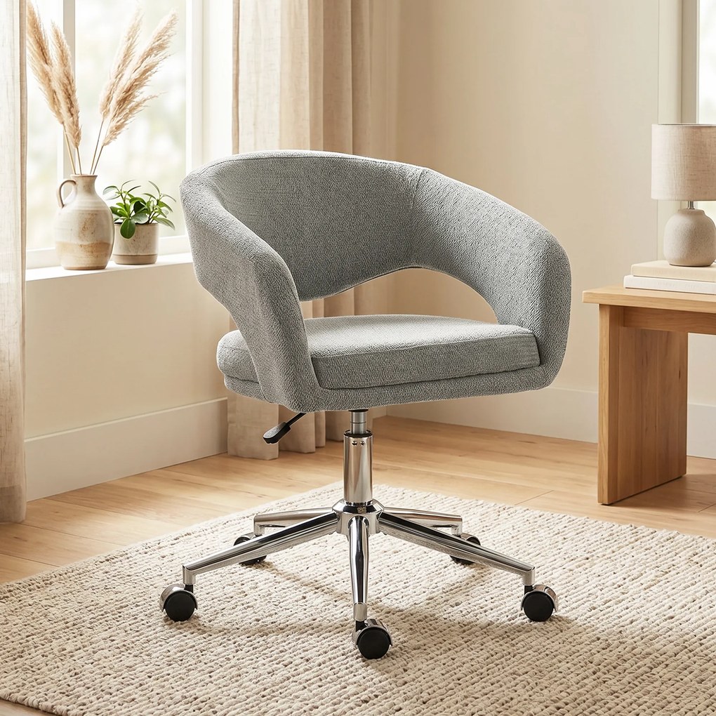 Cadeira de escritório ergonómica, cadeira de escritório em chenille com altura ajustável, encosto curvo, cinzenta