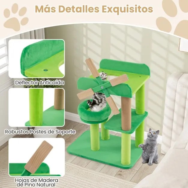 Arranhador para gatos com moinho de vento com vários níveis com poste para arranhar Plataforma com almofada Verde