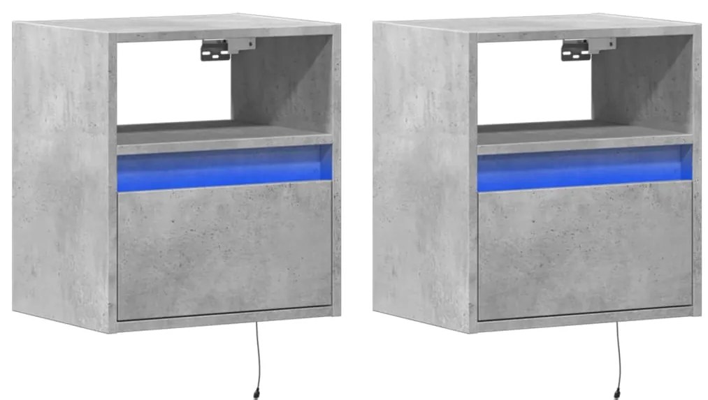 Mesas de cabeceira de parede c/ luzes LED 2pcs cinzento cimento