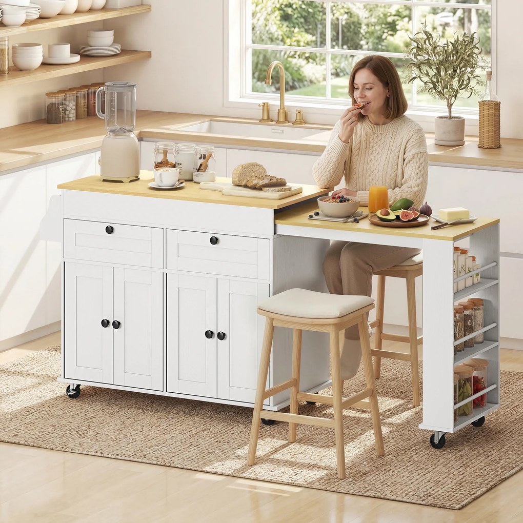 Ilha central de cozinha com tampo extensível, carrinho de cozinha com Rodas, 2 gavetas e 4 portas, branco