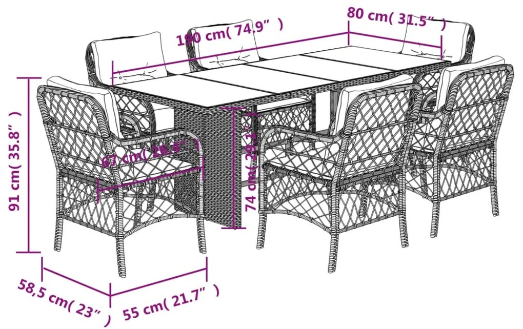 7 pcs conjunto de jantar p/ jardim com almofadões vime PE bege