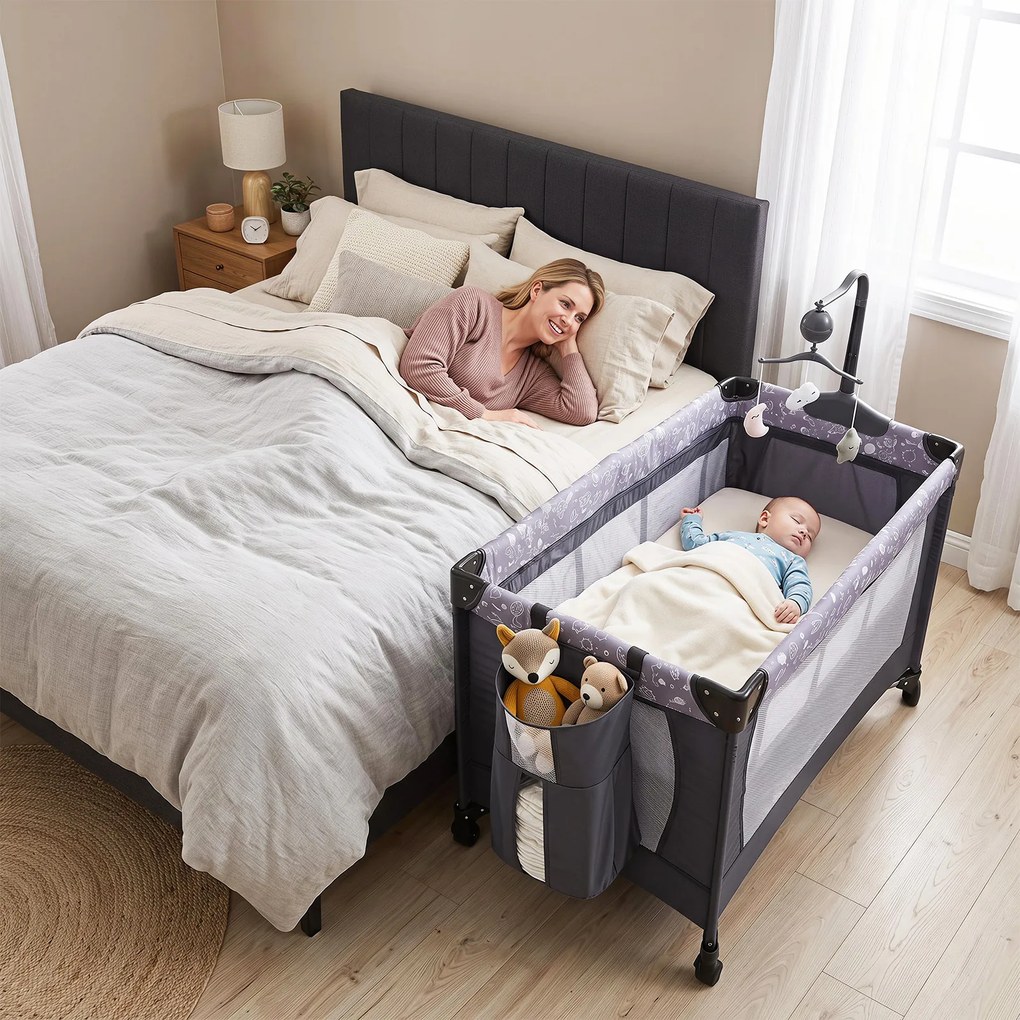Cama de Viagem Dobrável para Bebé com Trocador, 126 x 65 x 77 cm, 4 Funções, Cinzento-escuro