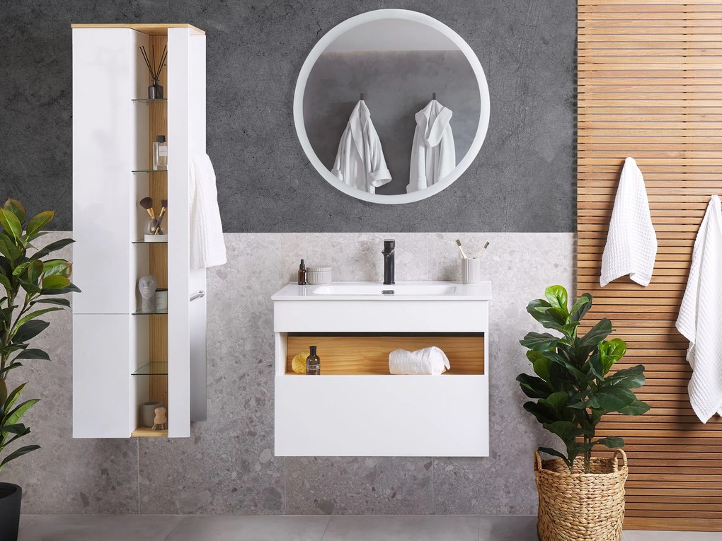Conjunto de móveis com lavatório e espelho LED em castanho e branco FIGUERES Beliani