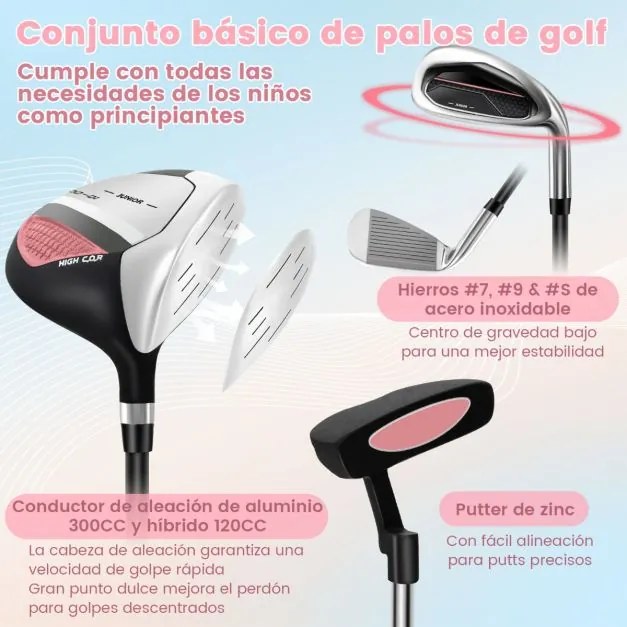 Conjunto de tacos de golfe para crianças dos 11 aos 13 anos, incluindo saco de apoio com capuz para chuva Driver n.º 1 Híbrido n.º 5 Ferros e Putter n