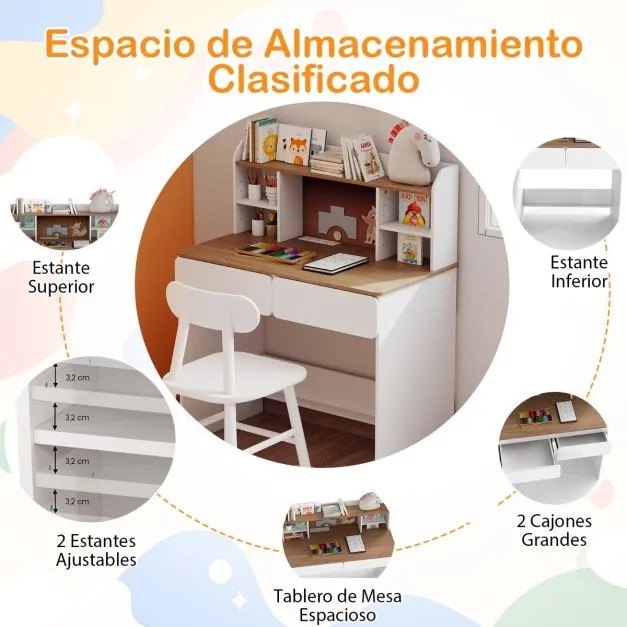 Secretária infantil 90 x 48 x 109 cm com estação de carregamento, tampo amplo, prateleiras ajustáveis e 2 gavetas para crianças para estudo,, branca