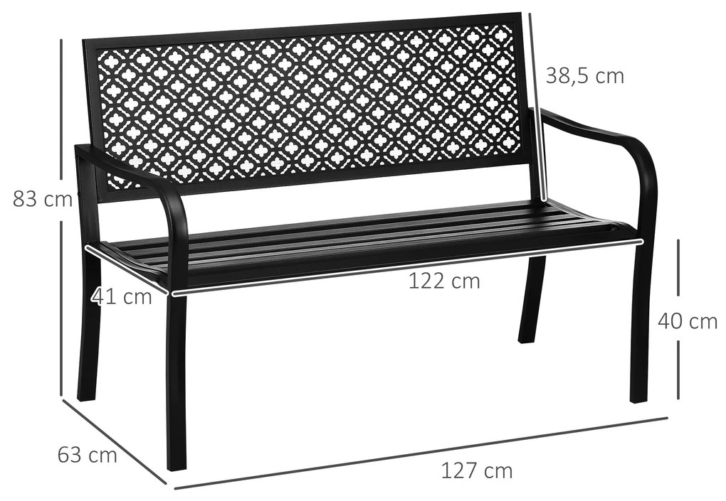 Banco de Jardim de Aço Banco de Exterior de 2 Lugares com Encosto Decorativo 127x63x83cm Preto