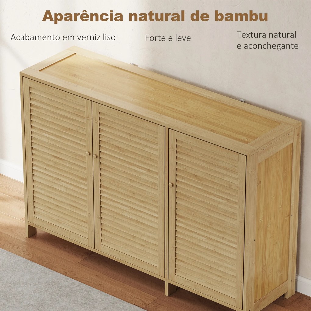 Armário para Sapatos de Bambu com Portas de Ripas Capacidade para 14 Pares Prateleiras Ajustáveis Madeira