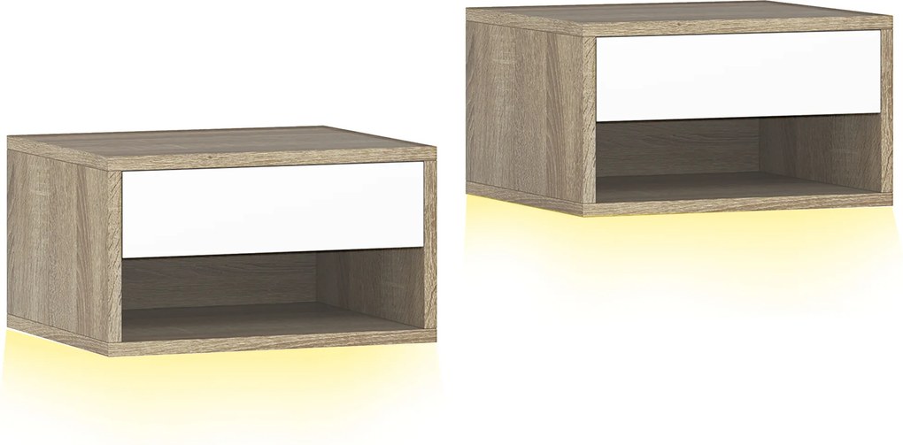HOMCOM Conjunto de 2 Mesas de Cabeceira Flutuantes com Luzes LED RGB Controlo por APP e Prateleira Aberta 37x32x21 cm Madeira e Branco | Aosom Portugal