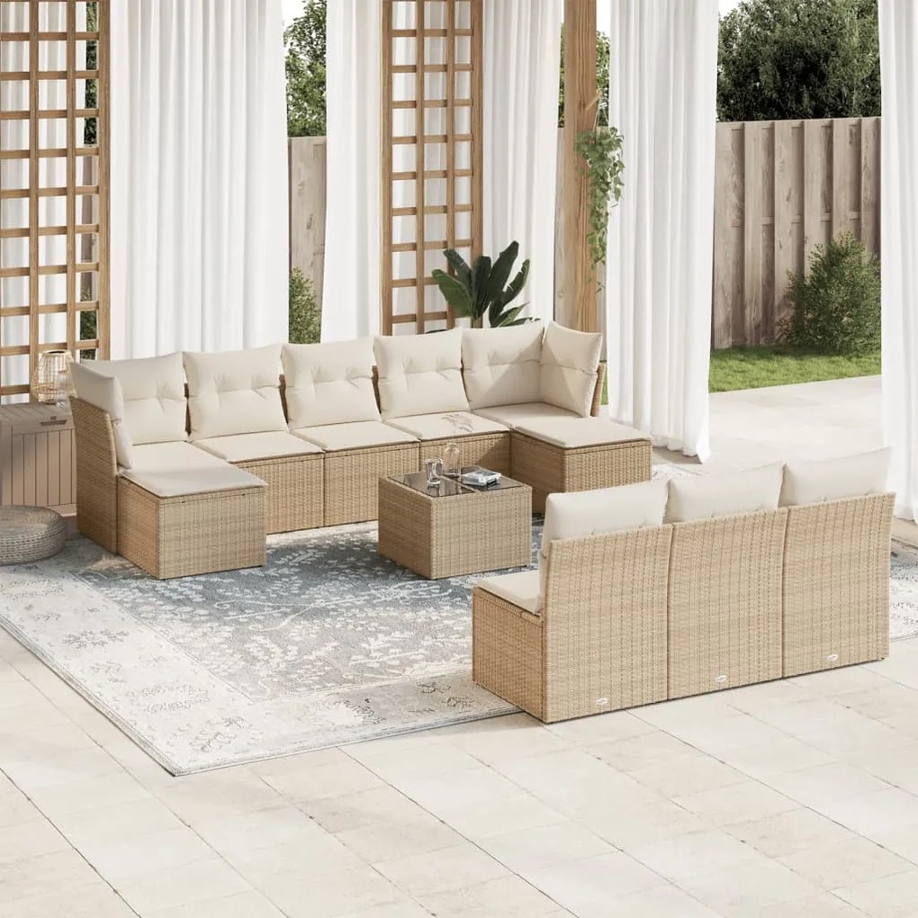 vidaXL 11 pcs conjunto sofás de jardim c/ almofadões vime PE bege