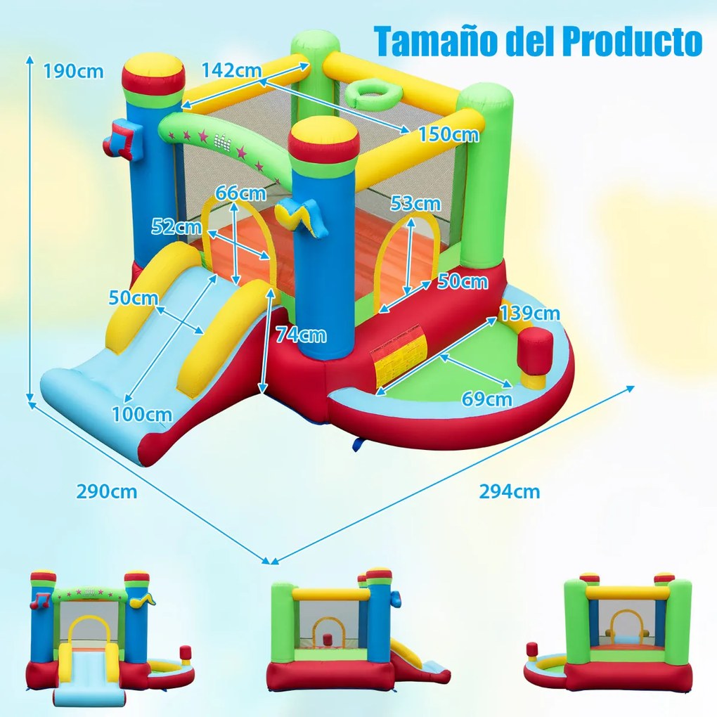 Castelo insuflável para crianças com tema musical com escorrega (SEM COMPRESSOR) Área de salto Cesto de basquetebol Piscina de bolas Área de boxe de j