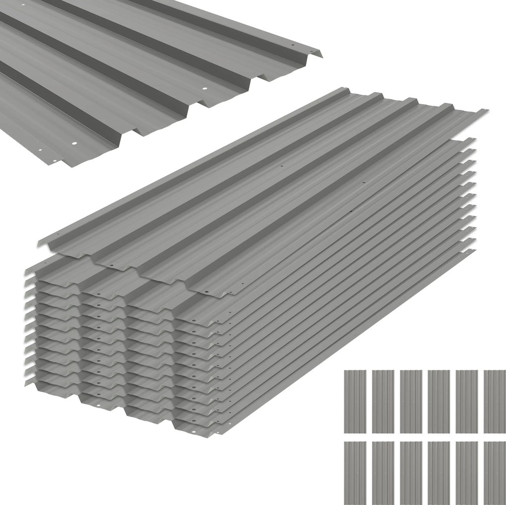 Conjunto de 12 painéis em aço galvanizado resistentes às intempéries, cinza claro, dimensões de cada painel: 129 cm (C) x 45 cm (L)