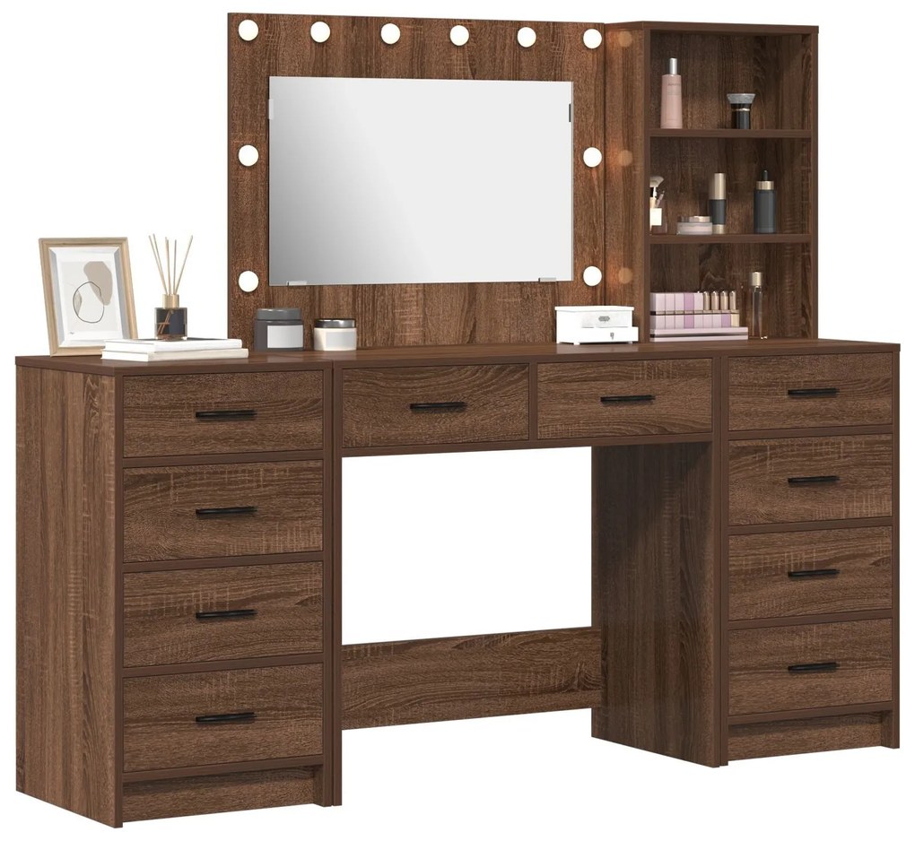 Conjunto de Mesa de Maquilhagem de 3 Peças com LED em Madeira de Carva
