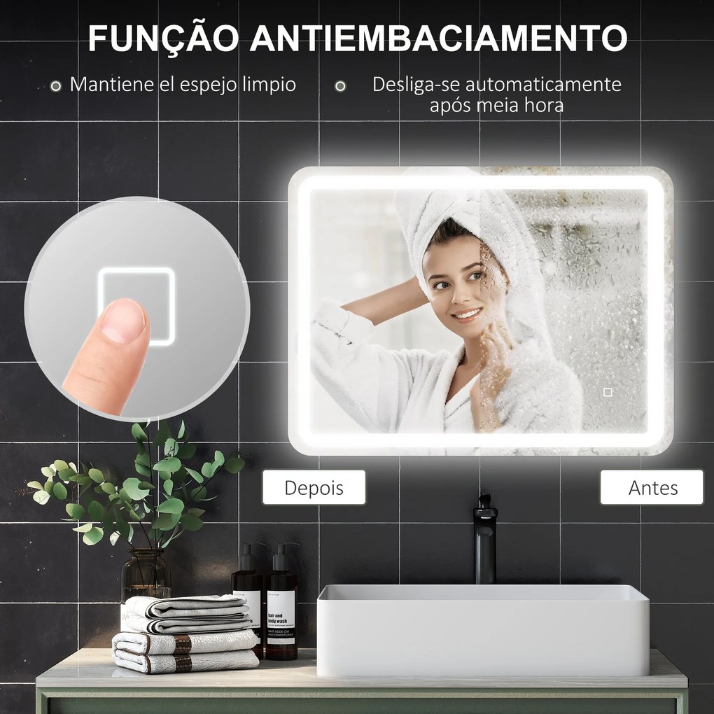 Espelho Casa de Banho com Luzes LED 60x80 cm Função Antiembaciamento 3 Temperaturas de Cor Ajustável e Função de Memória