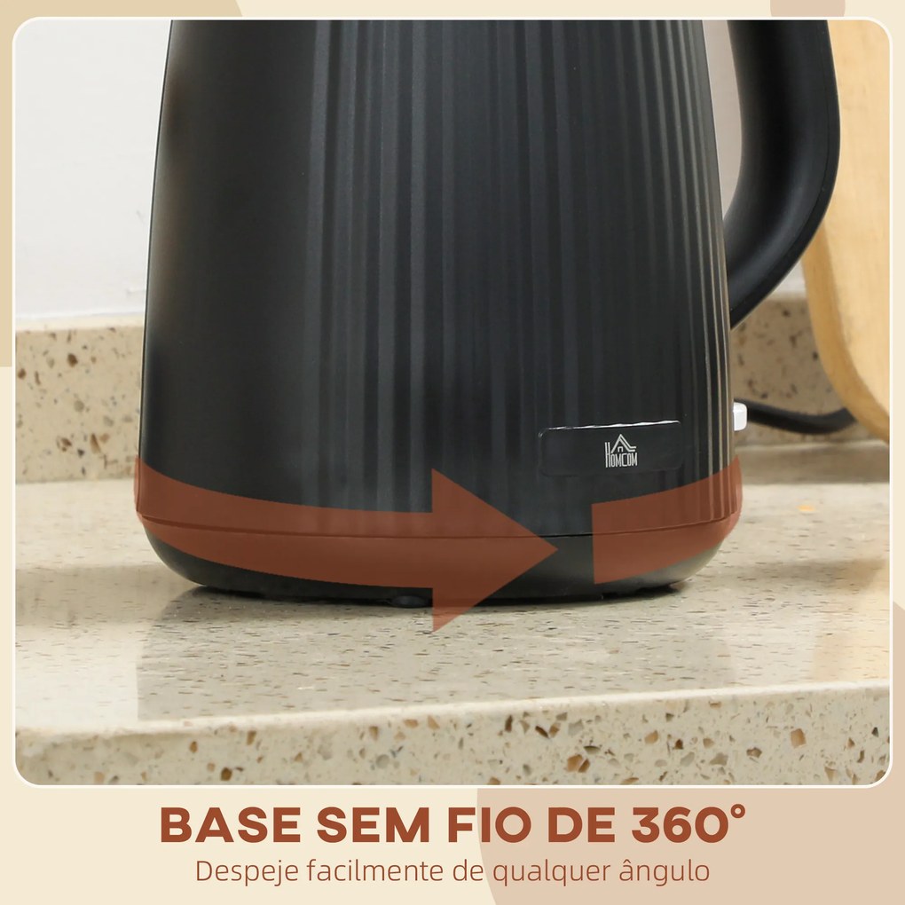 Jarro Elétrico 1,7L 2025W com Filtro Antical Removível Desligamento Automático Base Giratória 360° Preto