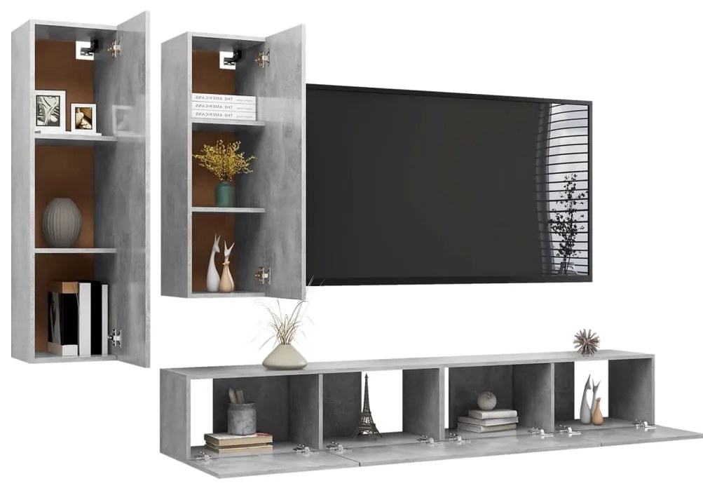 4 pcs conjunto de móveis de TV derivados madeira cinza cimento
