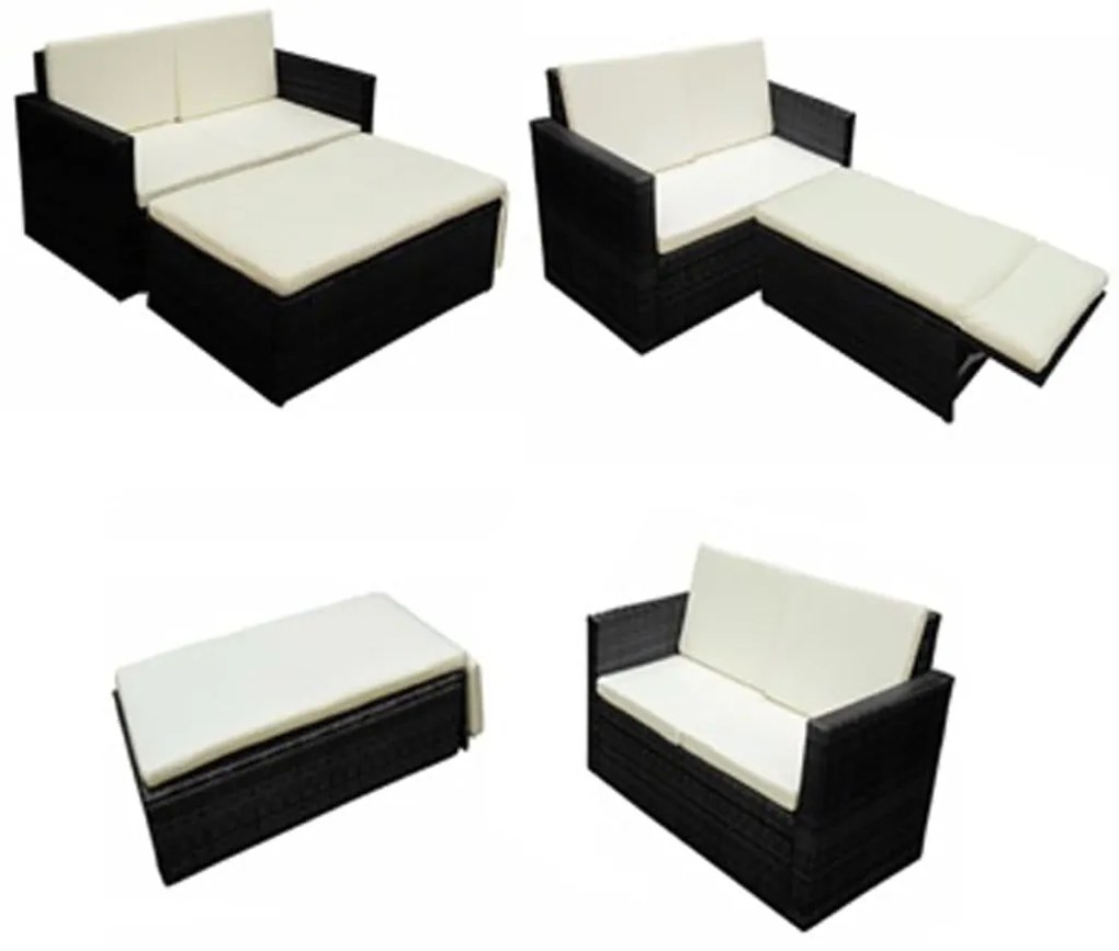 2 pcs conjunto lounge de jardim c/ almofadões vime PE preto