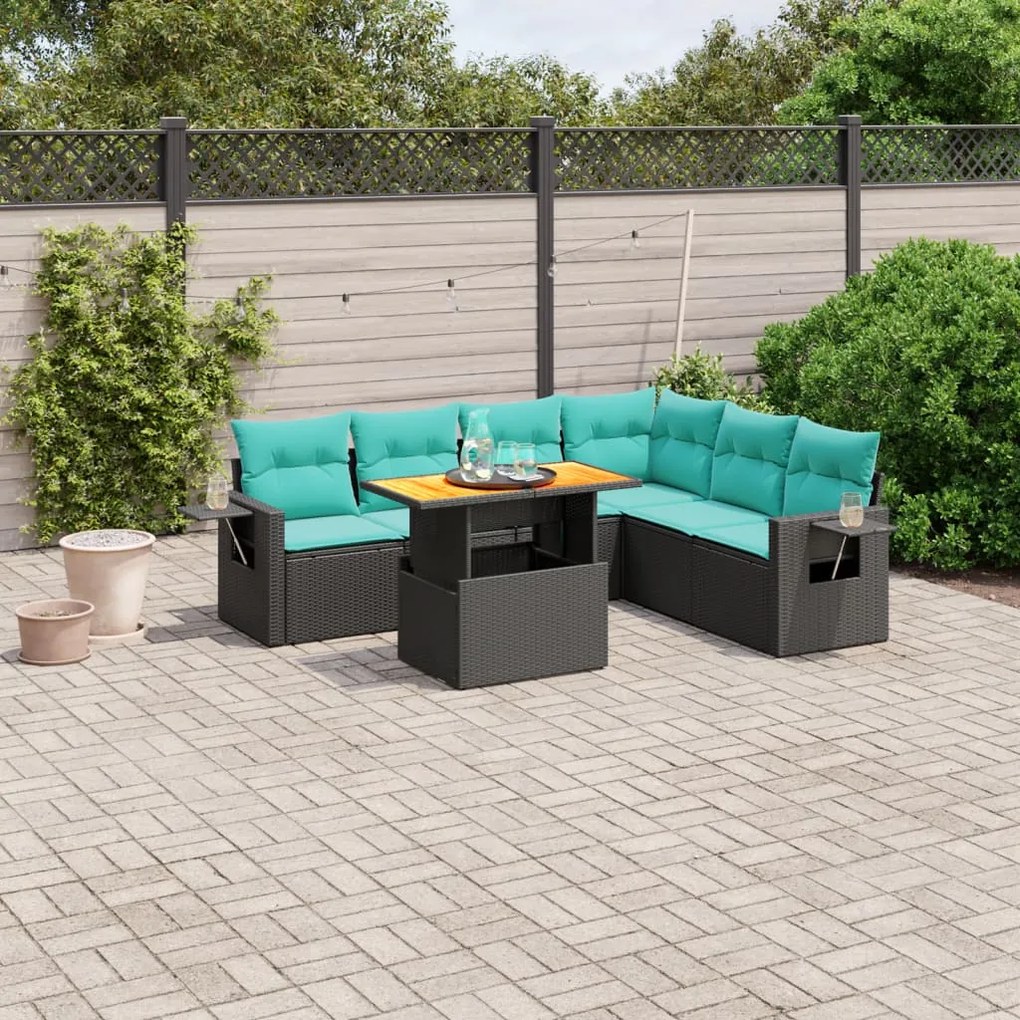 vidaXL 7 pcs conjunto de sofás p/ jardim c/ almofadões vime PE preto