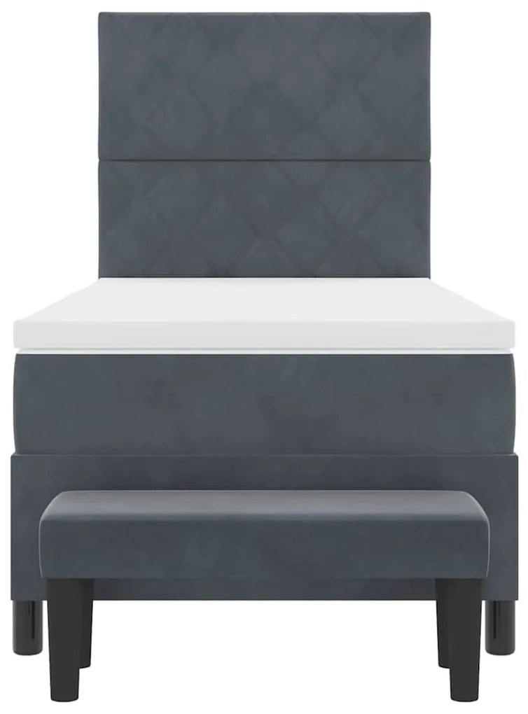 Cama Box Spring com Colchão e Banco Cinza Escura 90x190 cm Veludo