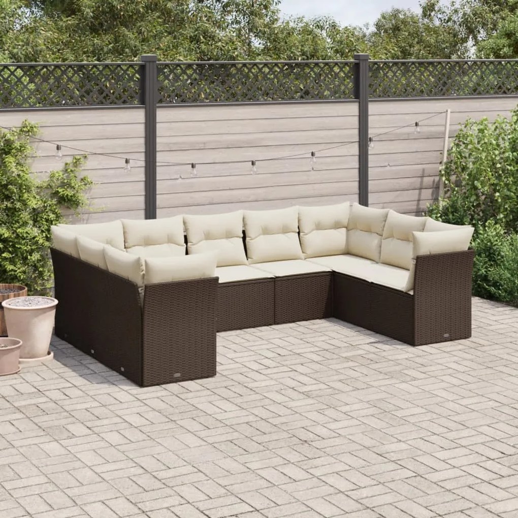 vidaXL 9 pcs conjunto sofás p/ jardim c/ almofadões vime PE castanho