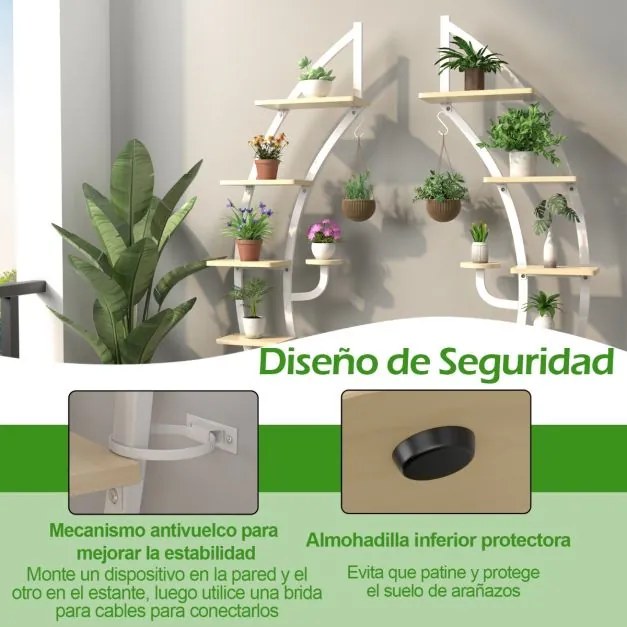 Conjunto de 2 Estantes Metálicas para Plantas 7 Níveis em Forma de Crescente Curvo com Gancho para Varanda 60x30x155 cm Brancas
