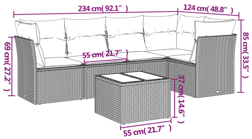 6 pcs conjunto sofás de jardim com almofadões vime cinzento