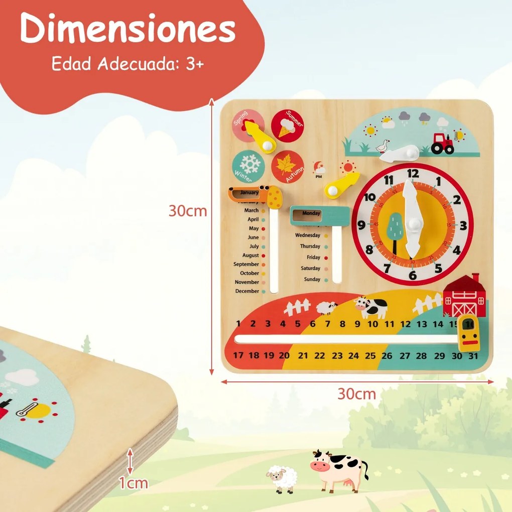 Brinquedo de madeira Montessori para crianças pequenas Relógio educativo para aprender sobre as estações e as datas Calendário multicolorido