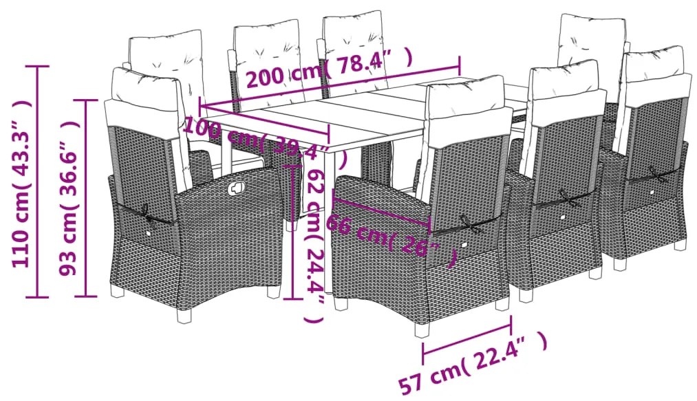 9 pcs conjunto de jantar p/ jardim c/ almofadões vime PE cinza