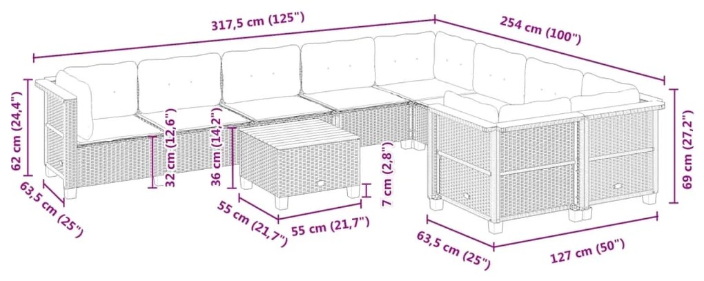 10 pcs conjunto sofás de jardim c/ almofadões vime PE cinzento