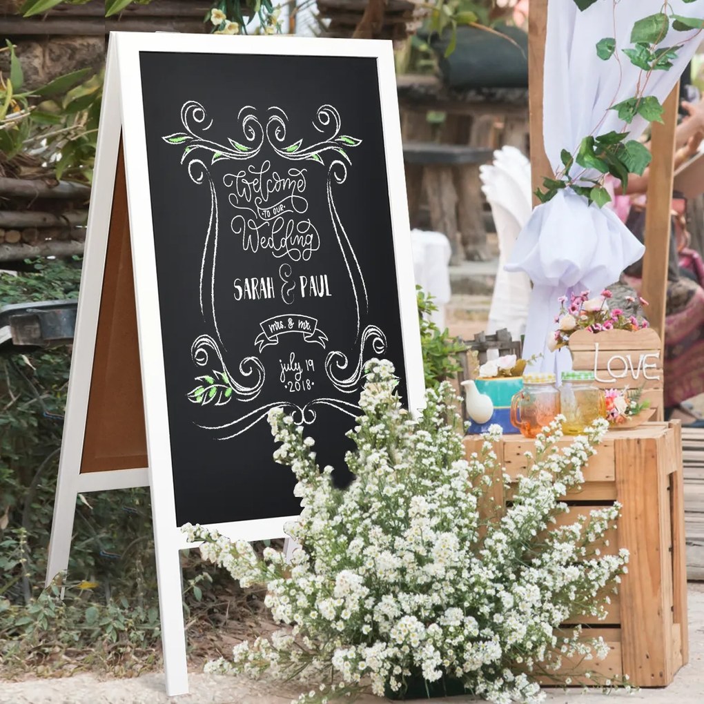 Quadro Branco Magnético de Madeira de Tripé Dupla Face Dobrável com Borracha e Giz para Mensagens de Restaurantes ou de Casamento 50 x 53 x 98 cm Branco