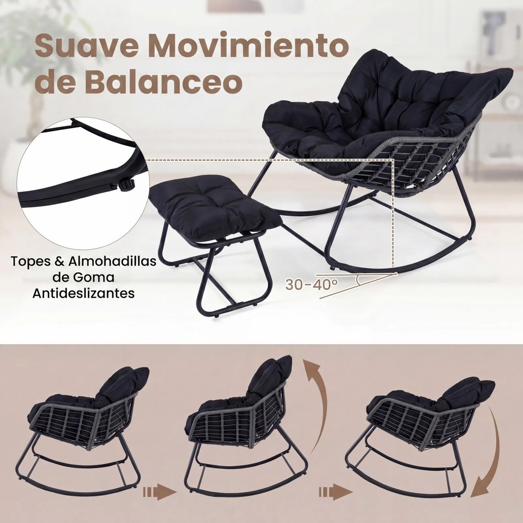 Cadeira de baloiço com apoio para os pés em rattan PE, almofadas removíveis, Estrutura metálica antiderrapante, capacidade de carga de 150 kg, para sa
