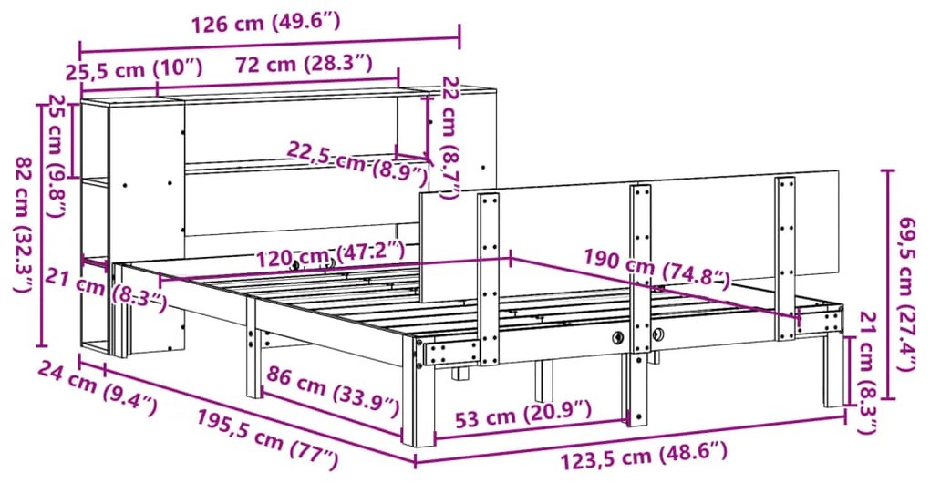 Cama com estante sem colchão 120x190 cm pinho maciço