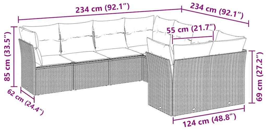 8 pcs conj. sofás jardim c/ almofadões vime PE cinzento-claro