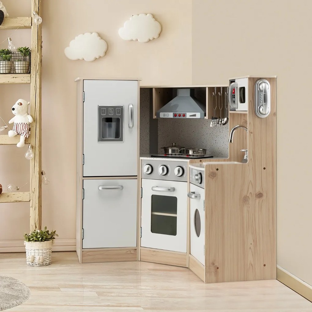 Conjunto de cozinha de madeira para crianças, brinquedo de cozinha com sons e acessórios realistas, jogo de telefone para crianças de +3 anos Branco +
