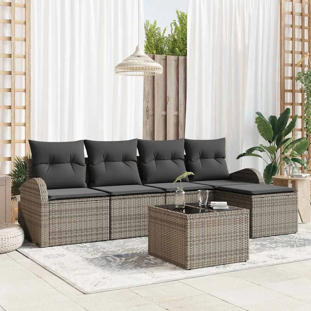 vidaXL Conjunto de Sofá de Jardim de 5 Peças com Almofadas Pretas em Rattan Poly